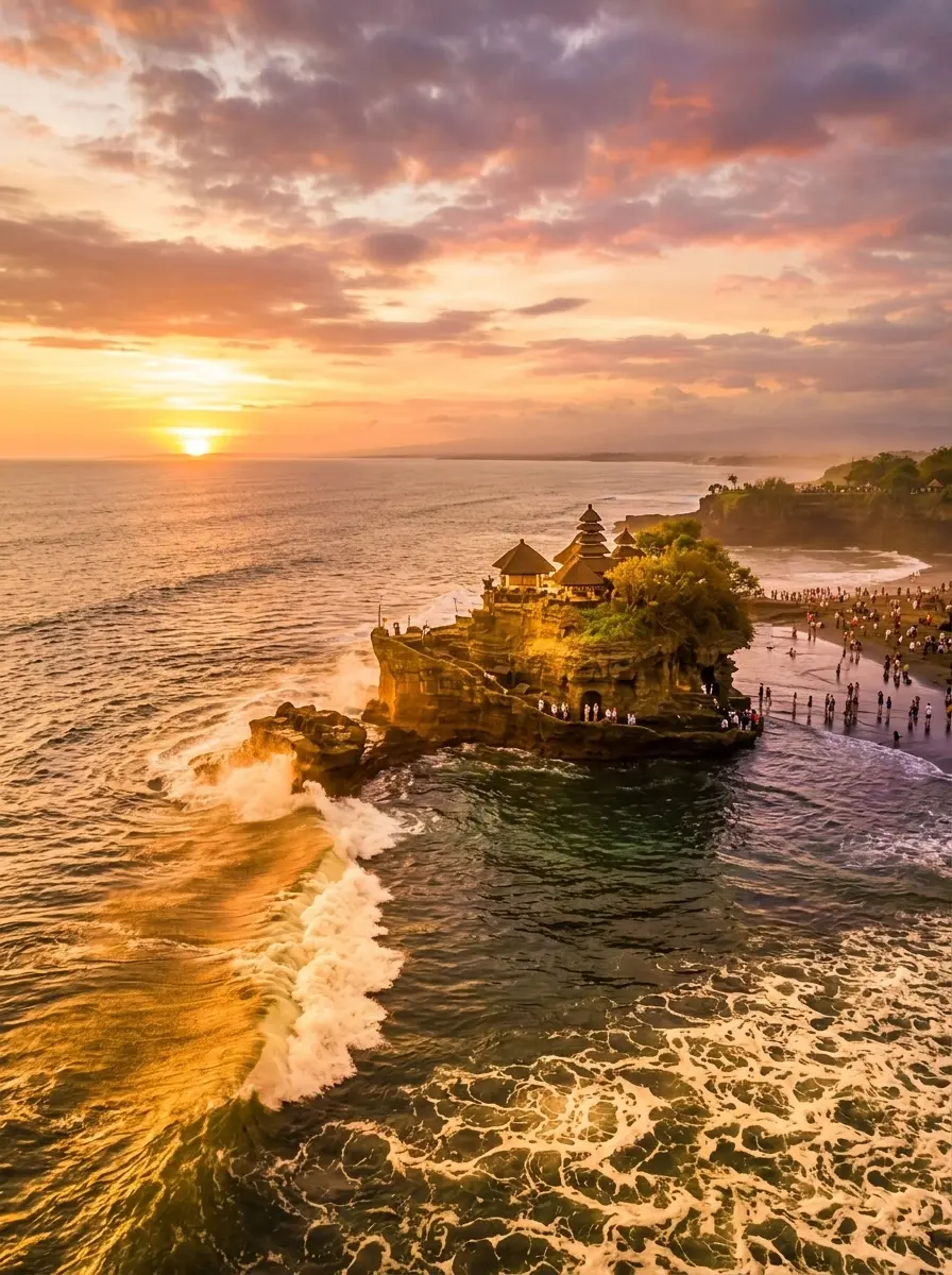 Tanah Lot temple on ocean rock in Bali at sunset