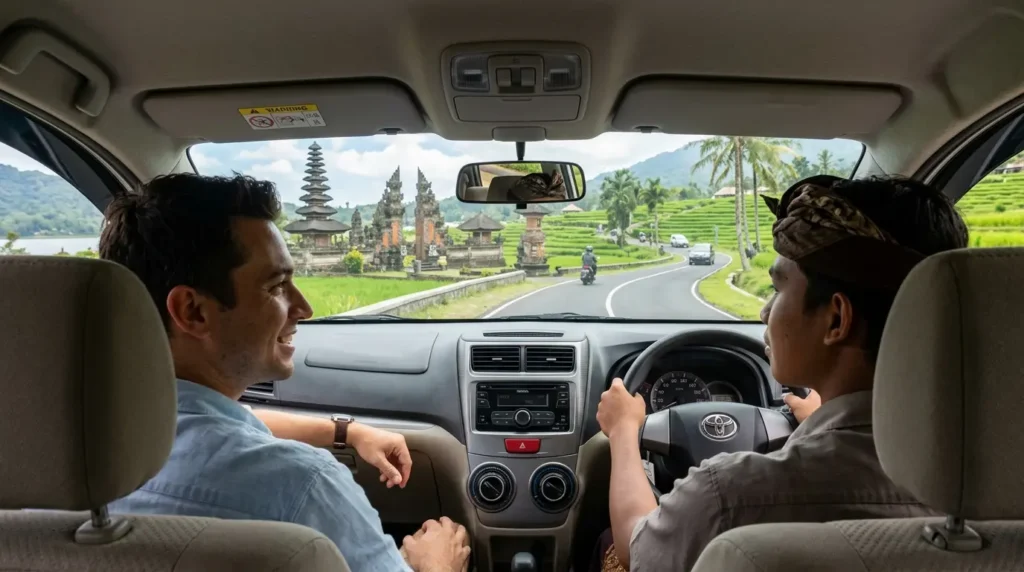 Private car rental with driver navigating Bali roads safely